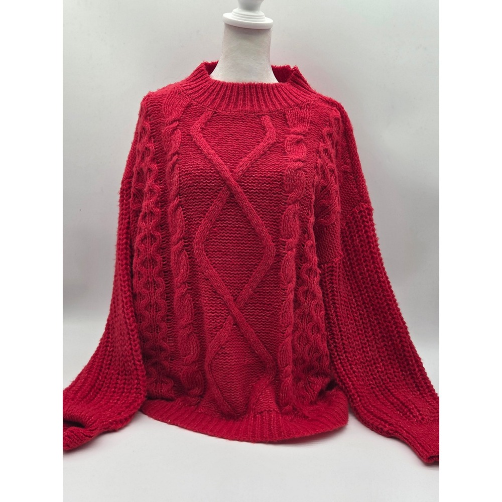 SO Goods for Life Women's L Red Cable Knit Balloon Sleeve Sweater 101-474
